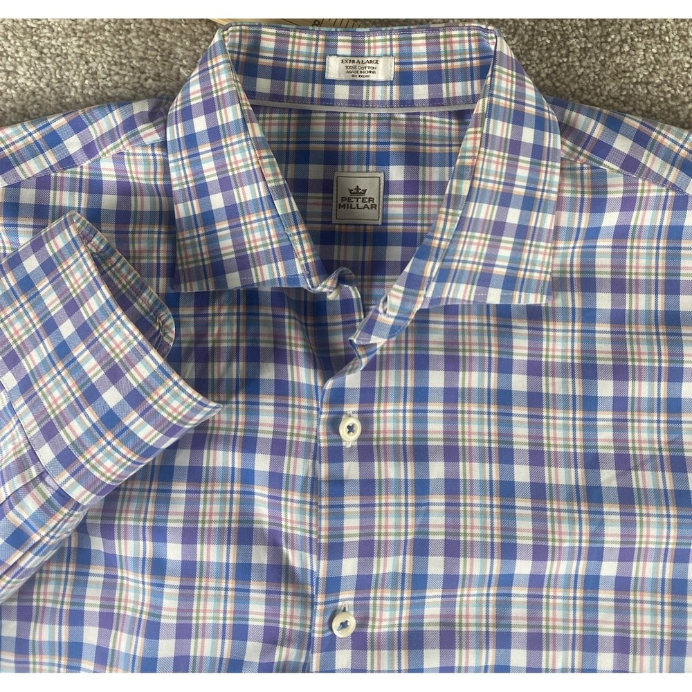 VTG Peter Millar All Over Colorful Spring Plaid Cotton Shirt Men XL Relax Preppy